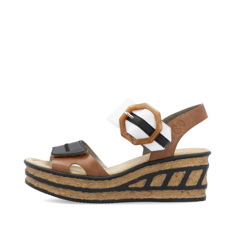 Rieker Schwarz/Sherry/Weiss Rose 76 Women's Wedge Sandals 68176-24