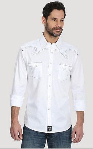 Rock 47 by Wrangler White Men's Long Sleeve Western Snap Tonal Solid Shirt MRC376W