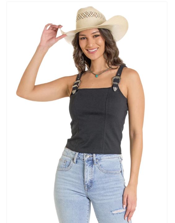 Rock And Roll Black Square Neck Crop Tank With Silver-toned Buckle Accents On Shoulder Straps BW20T03905