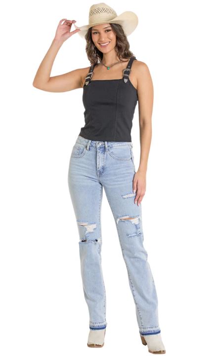 Rock And Roll Black Square Neck Crop Tank With Silver-toned Buckle Accents On Shoulder Straps BW20T03905
