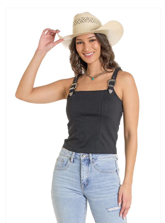 Rock and Roll Black Square Neck Crop Tank with Silver-toned buckle accents on Shoulder Straps BW20T03905