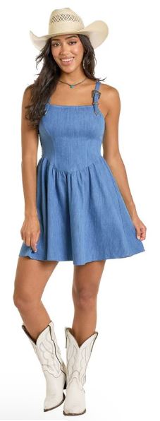 Rock and Roll Blue Denim Mini Dress with Buckle Straps BWD0R06315