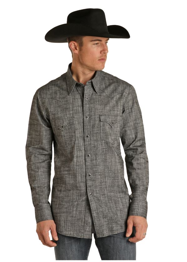 Rock and Roll Cowboy Black Chambray Slim Fit Mens Long Sleeve Snap Shirt B2S1286
