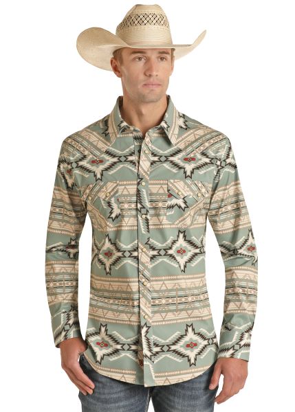 Rock and Roll Cowboy Mint Aztec Men's Modern Fit Snap Shirt RRMSOSR0Q4