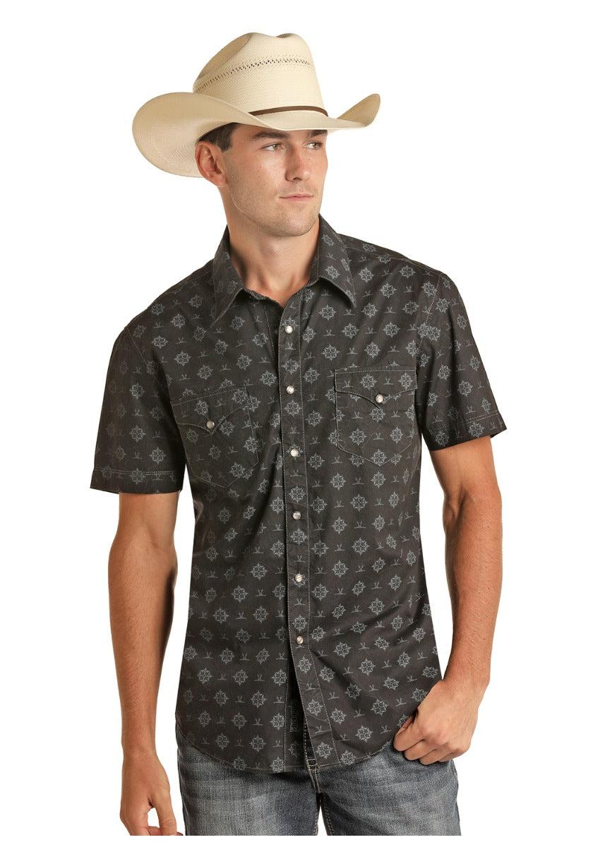 Rock And Roll Cowboy Poplin Print Mens Short Sleeve Snap Shirt B1S5091