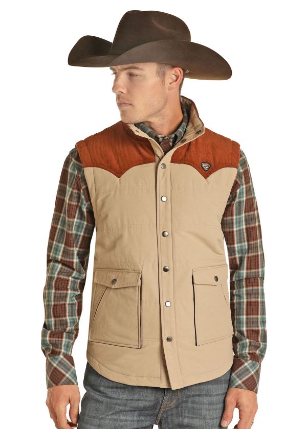Rock and Roll Cowboy Tan Vintage 46 Corduroy Quilted Performance Mens Vest 98-1110