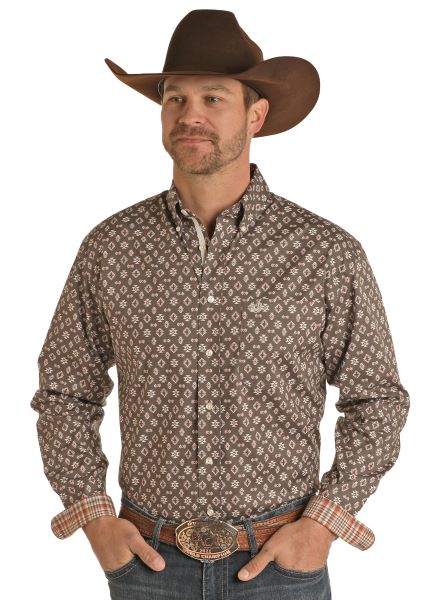 Rock and Roll Cowboy Taupe Mens Long Sleeve Button Front Shirt with Crest RSMS0DRYTM