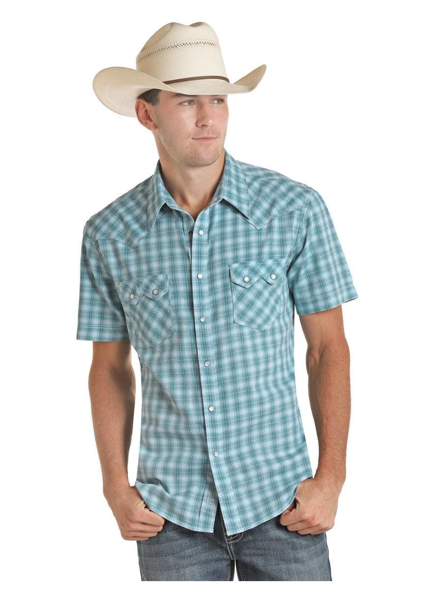Rock And Roll Cowboy Yarndyed Jacquard Plaid Mens Short Sleeve Snap Shirt B1S5089