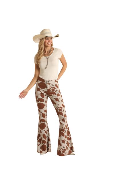 Rock and Roll Cowgirl Beige with Cowprint Bell Bottom High Rise Pull On Womens Denim WPB3514