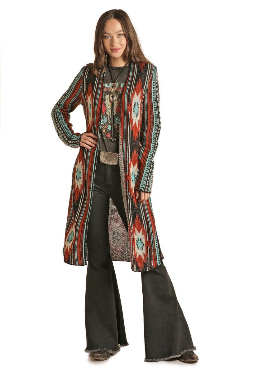 Rock and Roll Cowgirl Black Aztec Design Long Sleeve Ladies Duster 46-1191