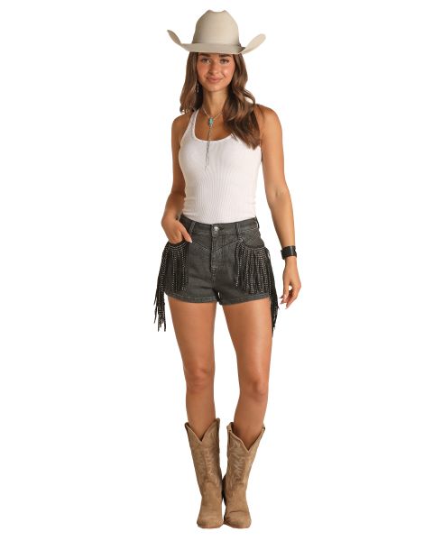 Rock and Roll Cowgirl Black Fringe Studded High Rise Women's Stretch Denim Shorts RRWD68R0UX