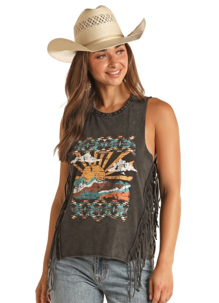 Rock and Roll Cowgirl Black Graphic Fringe Tank RRWT20R0YD