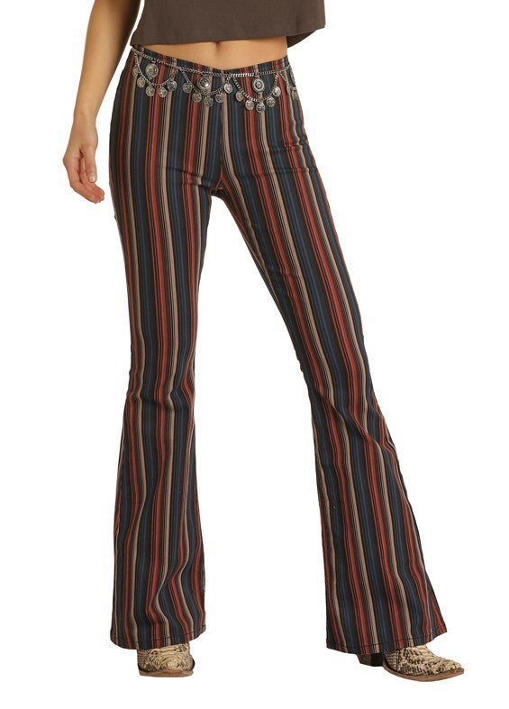 Rock and Roll Cowgirl Black Multi Stripe High Rise Pull On Ladies Pants WPH1651