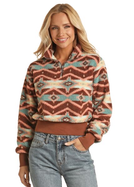Rock and Roll Cowgirl Brown and Pastel Colored Aztec Printed Womens Sherpa Pullover RRWT91R04K