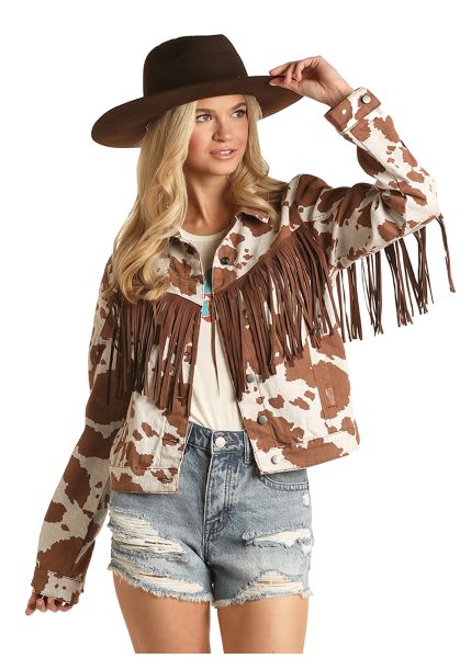 Rock and Roll Cowgirl Cow Print Womens Denim Jacket 52_3707