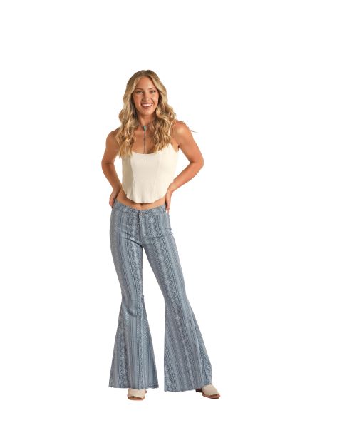 Rock and Roll Cowgirl Dark and Light Blue Aztec Print Women's Bell Bottom Jeans RRWD7PR0RV