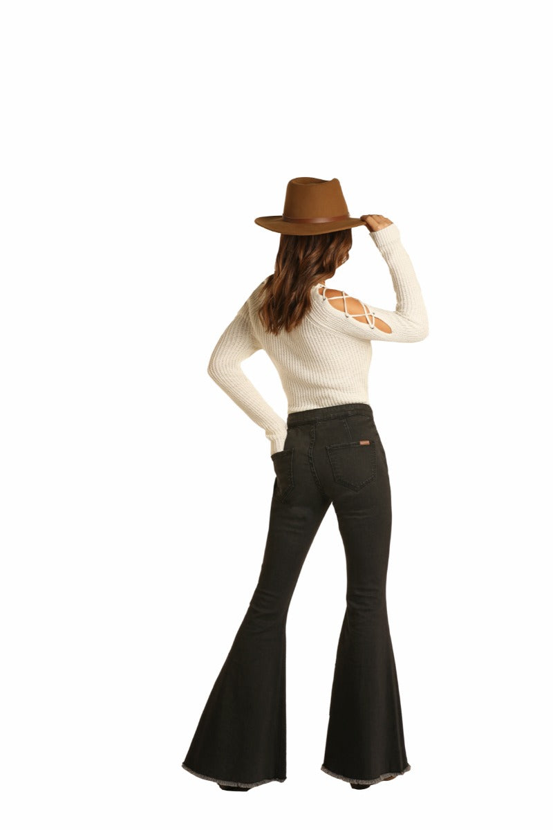 Rock And Roll Cowgirl Denim Black High Rise Pull On Bell Bottom Jeans WPB1656