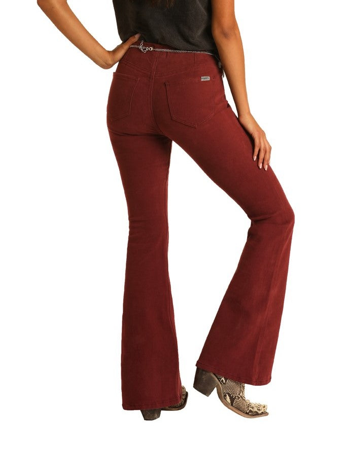 Rock and Roll Cowgirl Denim Wine High Rise Ladies Pull On Flare Jeans WPH1653