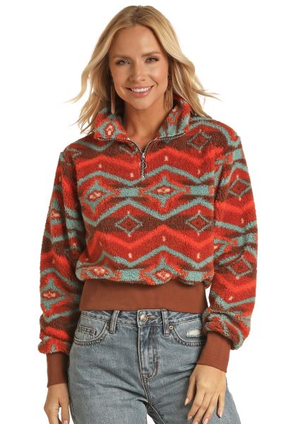Rock and Roll Cowgirl Orange Aztec Print Womens Sherpa Pullover RRWT91R04I
