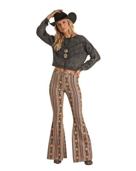 Rock and Roll Cowgirl Tan Aztec High Rise Bell Bottom Womens Jeans RRWD7PRZR6