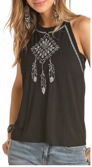 Rock and Roll Cowgirl Women's Black Embroidered Dream Catcher Tank 49-4485-01