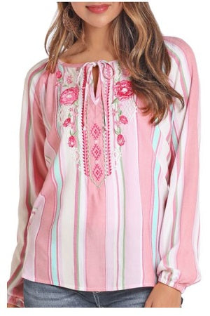 Rock and Roll Cowgirl Women's Pink Embroidered Floral and Aztec Top 22-4360-66