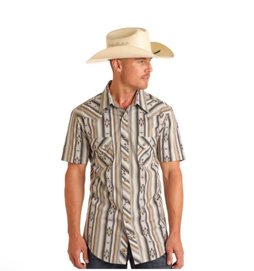 Rock and Roll Denim Aztec Stripe Men's Collared Short Sleeve Snap Shirt BMN3S05842