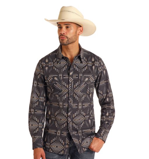 Rock and Roll Denim Black Aztec/Mini Stripe Men's Collared Longsleeve Snap Shirt BMN2S05840