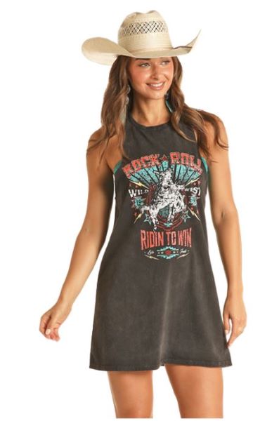 Rock and Roll Denim Black Bronco Ridin' Women's Tank Dress RRWRD0R17T