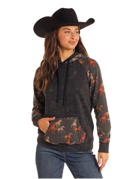 Rock And Roll Denim Black Contrast Sleeves Women's Hoodie With Horses BWT94TO5231