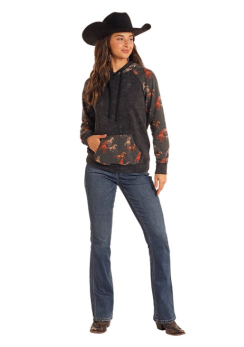 Rock And Roll Denim Black Contrast Sleeves Women's Hoodie With Horses BWT94TO5231
