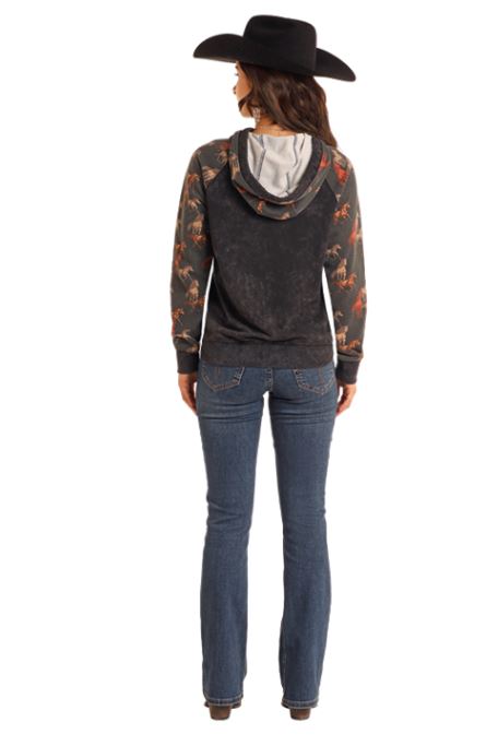 Rock And Roll Denim Black Contrast Sleeves Women's Hoodie With Horses BWT94TO5231
