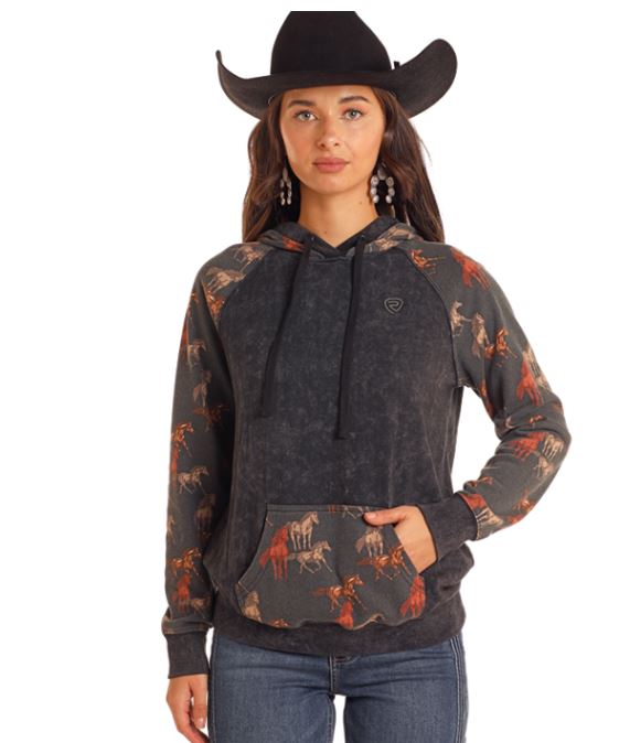 Rock and Roll Denim Black Contrast Sleeves Women's Hoodie with Horses BWT94TO5231