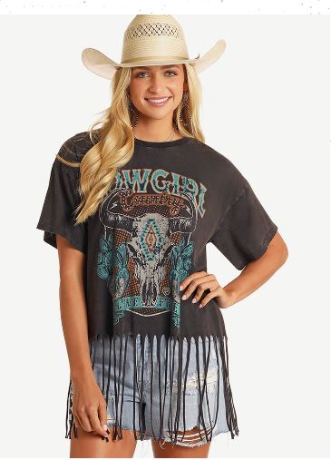 Rock and Roll Denim Black Cowgirl Country Studded Cowgirl Graphic Tee with Fringe BW21T05926