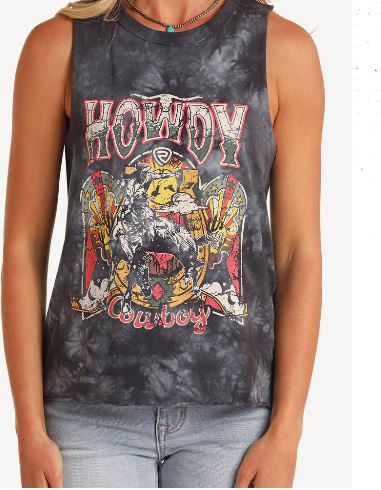 Rock and Roll Denim Black Howdy Cowboy Women's Graphic Tank Top BW20T05945