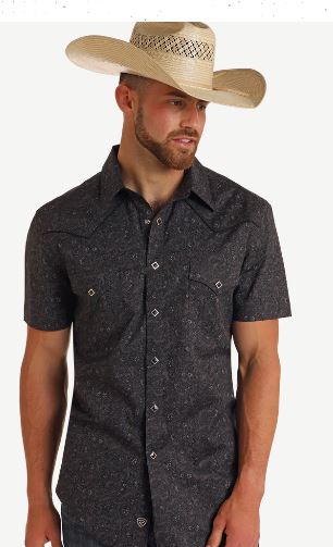 Rock and Roll Denim Black Paisley Men's Collared Slim Fit Short Sleeve Snap Shirt BMN3S05839