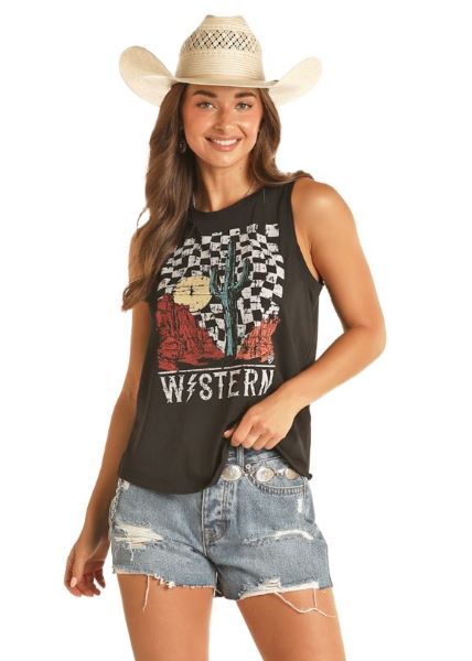 Rock and Roll Denim Black Western Women's Graphic Tank RRWT20R183
