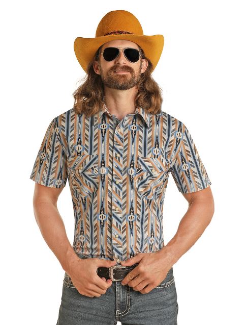 Rock and Roll Denim Blue Aztec Print Dale Brisby Short Sleeve Men's Collared Snap Shirt BMN3S03928