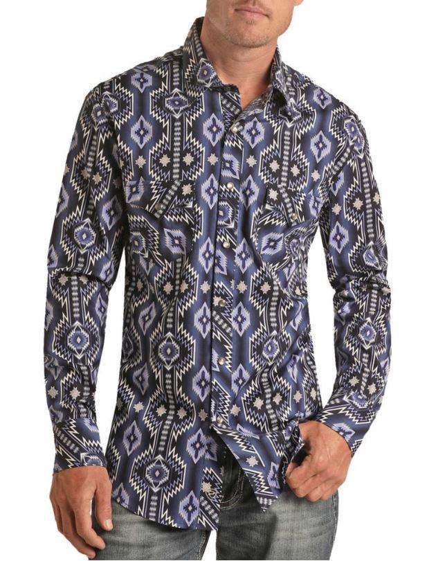 Rock and Roll Denim Blue Denim Vertical Aztec Print Men's Woven Long Sleeve Collared Snap Shirt BMN2S03342