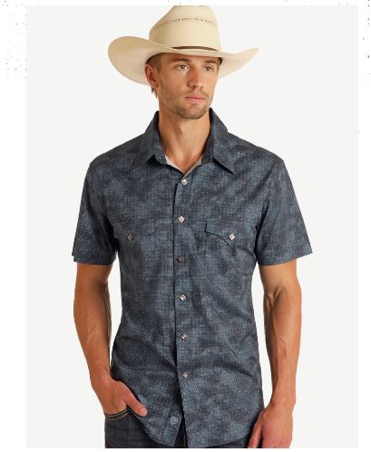 Rock and Roll Denim Blue Geo Micro Print Men's Collared Short Sleeve Slim Fit Snap Shirt BMN3S05856