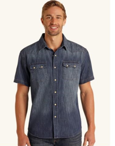 Rock and Roll Denim Blue Men's Collared Short Sleeve Snap Shirt PMN3S05736