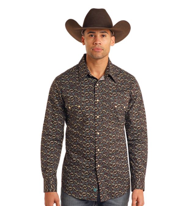Rock and Roll Denim Brown Longhorn/Turquoise Print Men's Collared Longsleeve Snap Shirt BMN2S05473