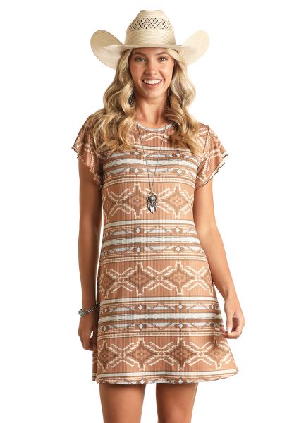 Rock and Roll Denim Camel Aztec Ribbed Short Sleeved Women's Dress RRWRD1R17G