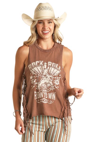Rock and Roll Denim Chocolate Rock and Roll Women's Graphic Tank with Fringe RRWT20R17S