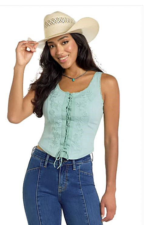 Rock and Roll Denim Jade Green Wash Women's Lace Up Crop Tank Top with Embroidery BW20T06279