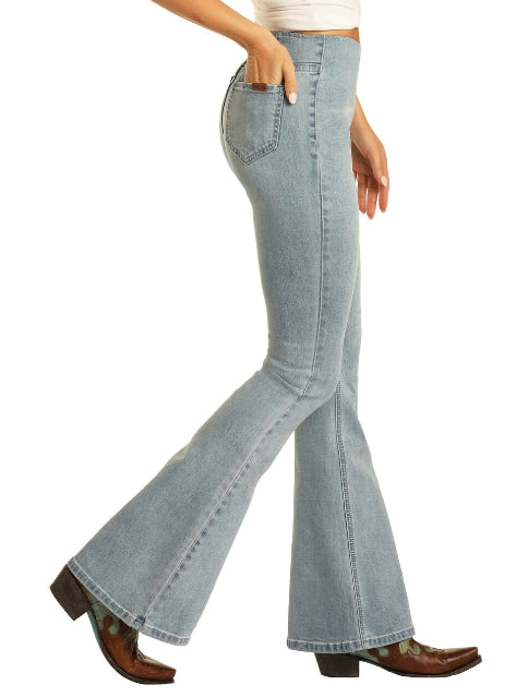 Rock and Roll Denim Light Wash High Rise Pull on Flare Ladies Jeans WPH8171