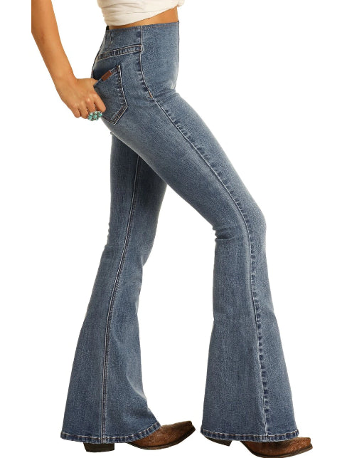 Rock and Roll Denim Medium Wash Pull On Flare Leg Ladies Jeans WPH8172