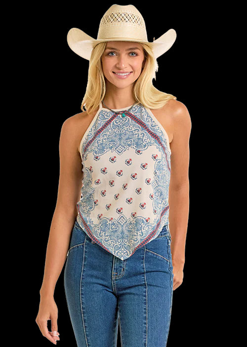 Rock and Roll Denim Natural/Blue/Burgundy Bandana Print Scarf Tank Top BW20T06288