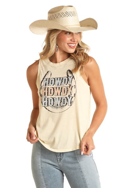 Rock and Roll Denim Natural Howdy with Horseshoe Graphic Women's Tank Top (No Fringe) RRWT20R16H