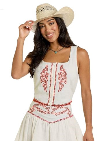 Rock and Roll Denim Natural/Red Women's Bootstitch Embroidered Top BW50T06312